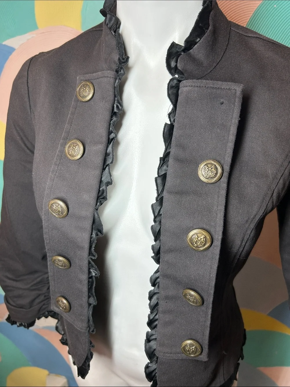 Vintage Stooshy Women's Black Military-Style Ruffle Trim Jacket sz M